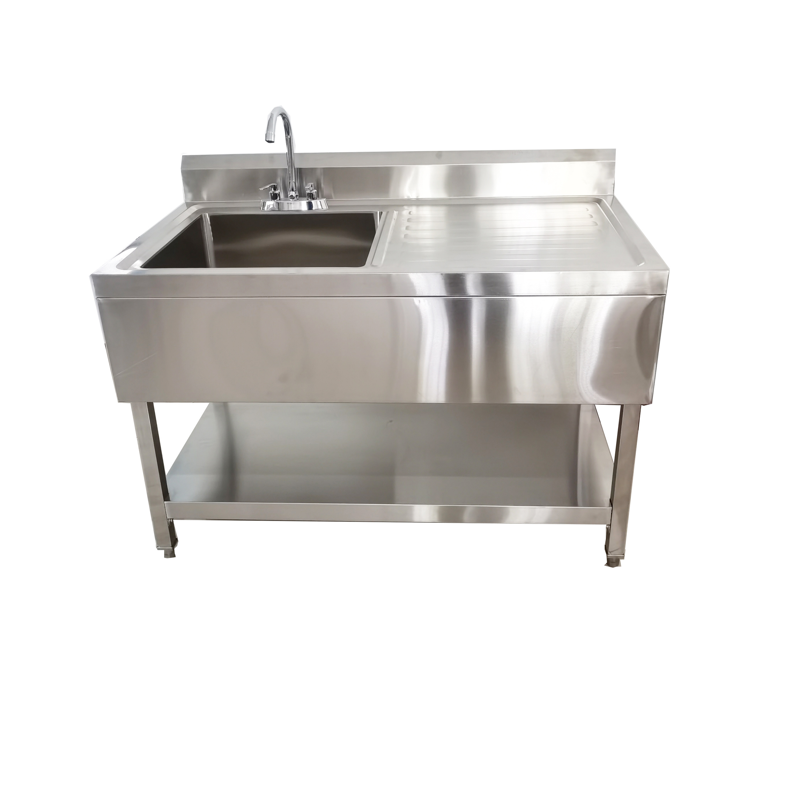 stainless steel commercial kitchen single sink bench with under shelf kichen equipment factory washing sink with drainboard