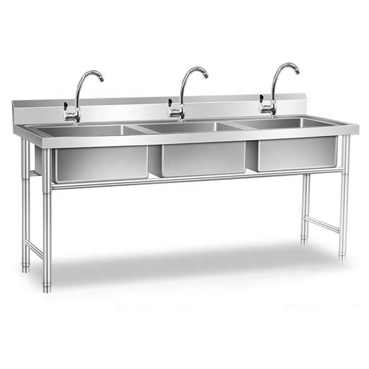 hotel and restaurant Industrial welding stainless steel kitchen triple sink table with rectangular bowls