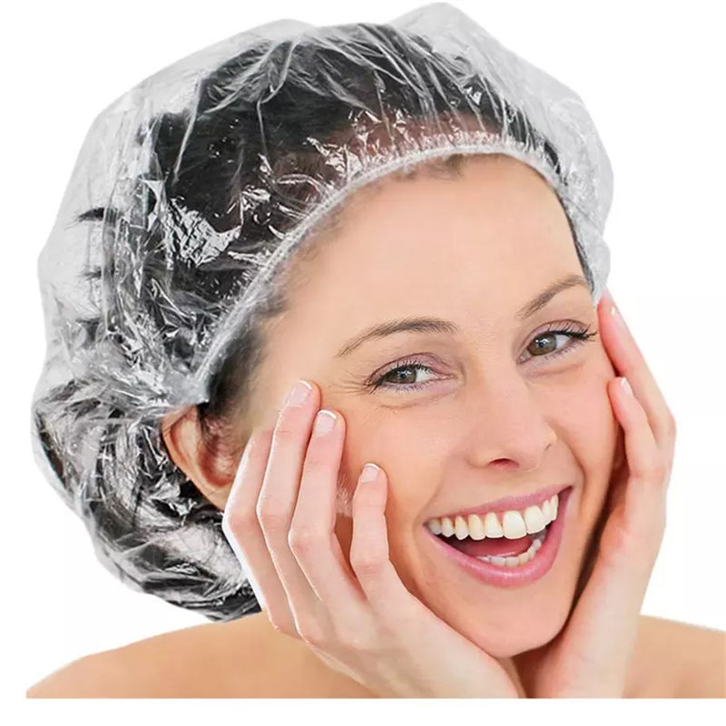 Custom Waterproof Thickening Elastic Clear Bathing Cap Disposable Plastic PE Shower Head Cover for Unisex