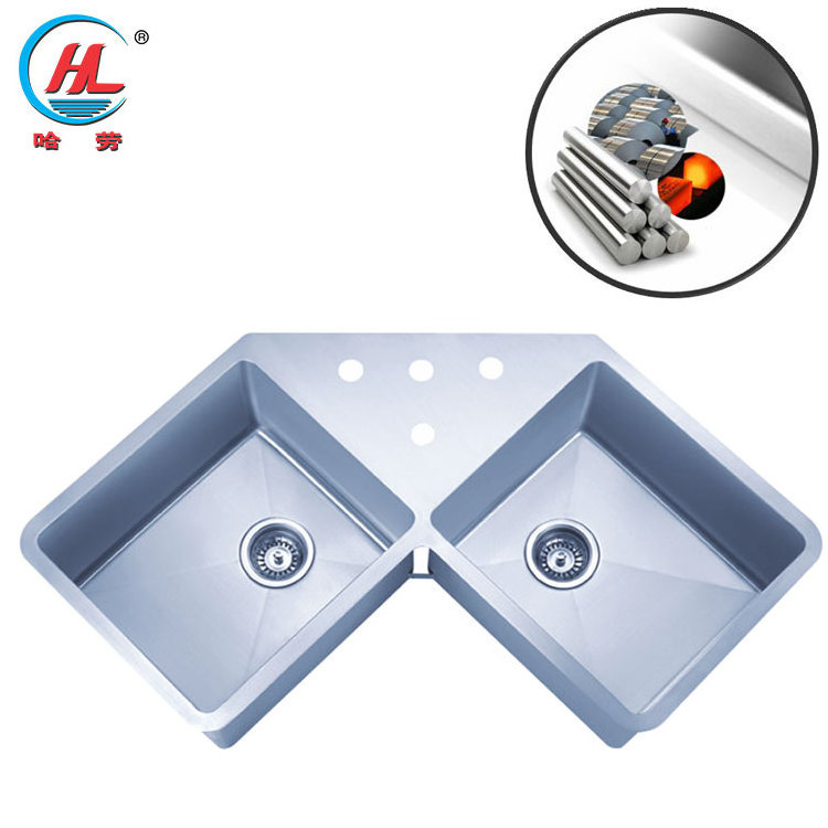 Modern Space Saving Polygon Double Bowl Stainless Steel Sink With Drainboard