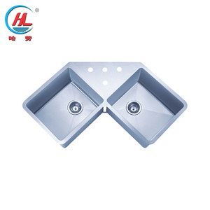 Modern Space Saving Polygon Double Bowl Stainless Steel Sink With Drainboard