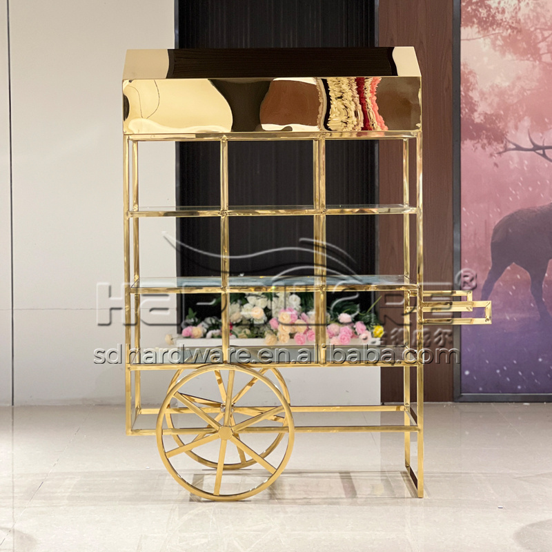 Wedding Display Decorations Gold Metal Flower Candy Cart With Wheels