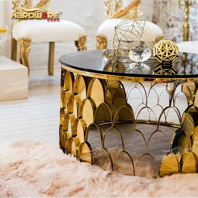 Gold stainless steel frame hotel wedding round mirror coffee table