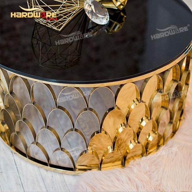 Gold stainless steel frame hotel wedding round mirror coffee table