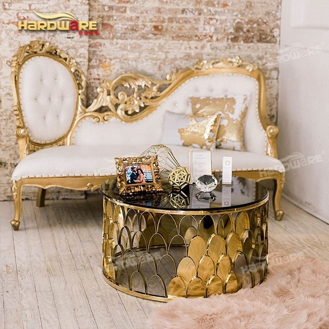 Gold stainless steel frame hotel wedding round mirror coffee table