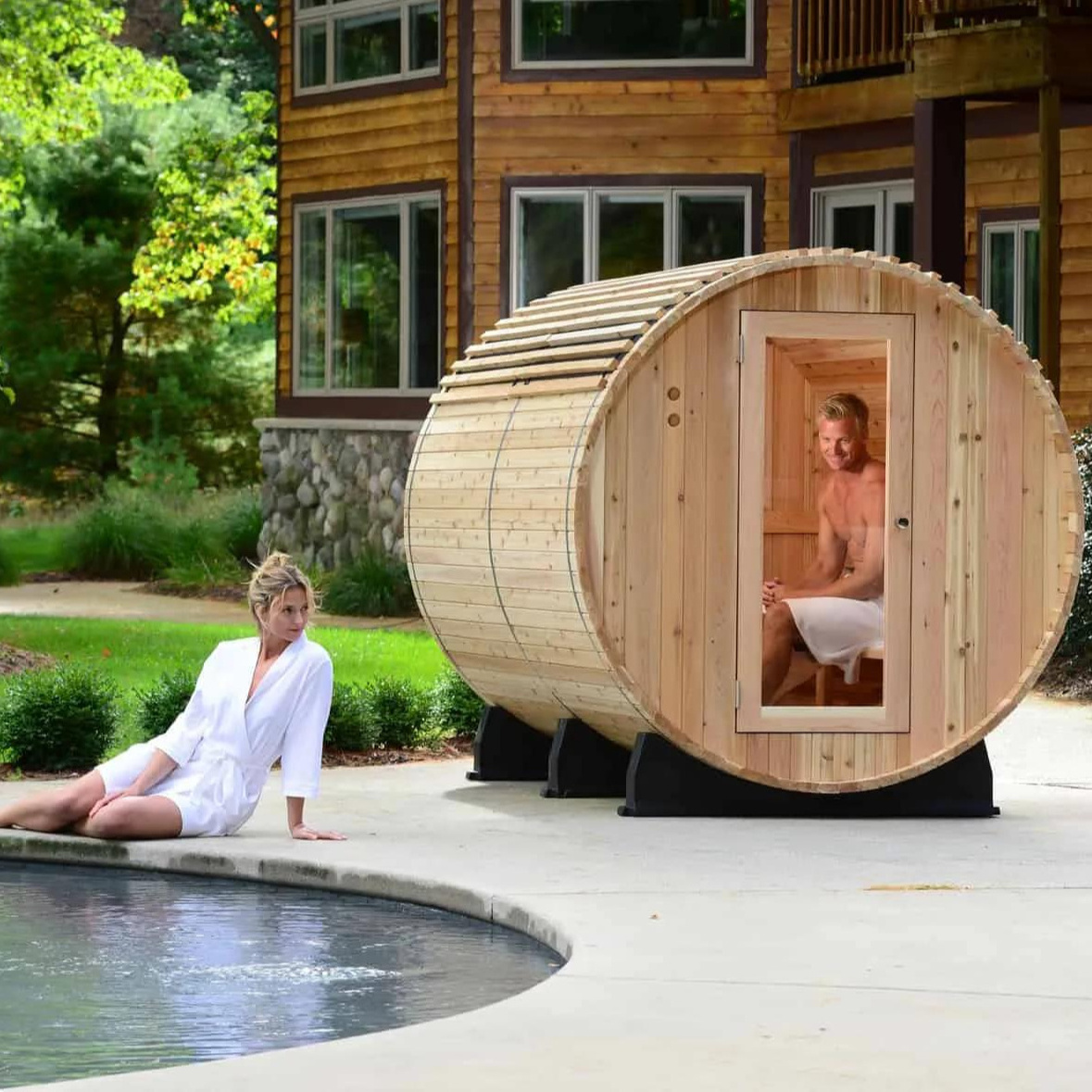 Wholesale Popular Outdoor Barrel Sauna Wood Burning Red Cedar Wood Traditional Sauna Room