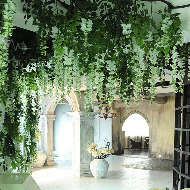 wholesale white simulation fake silk wisteria vine flowers garland hanging wall artificial flower for wedding wall decoration