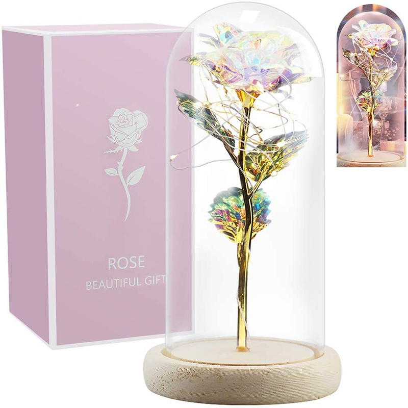 valentine's mothers day birthday gift golden 24k gold preserved artificial flower led light up galaxy rose in glass dome box