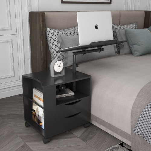 Height Adjustable Overbed End Table Wooden Nightstand with Swivel Top, Drawers, Wheels and Open Shelf bedroom furniture