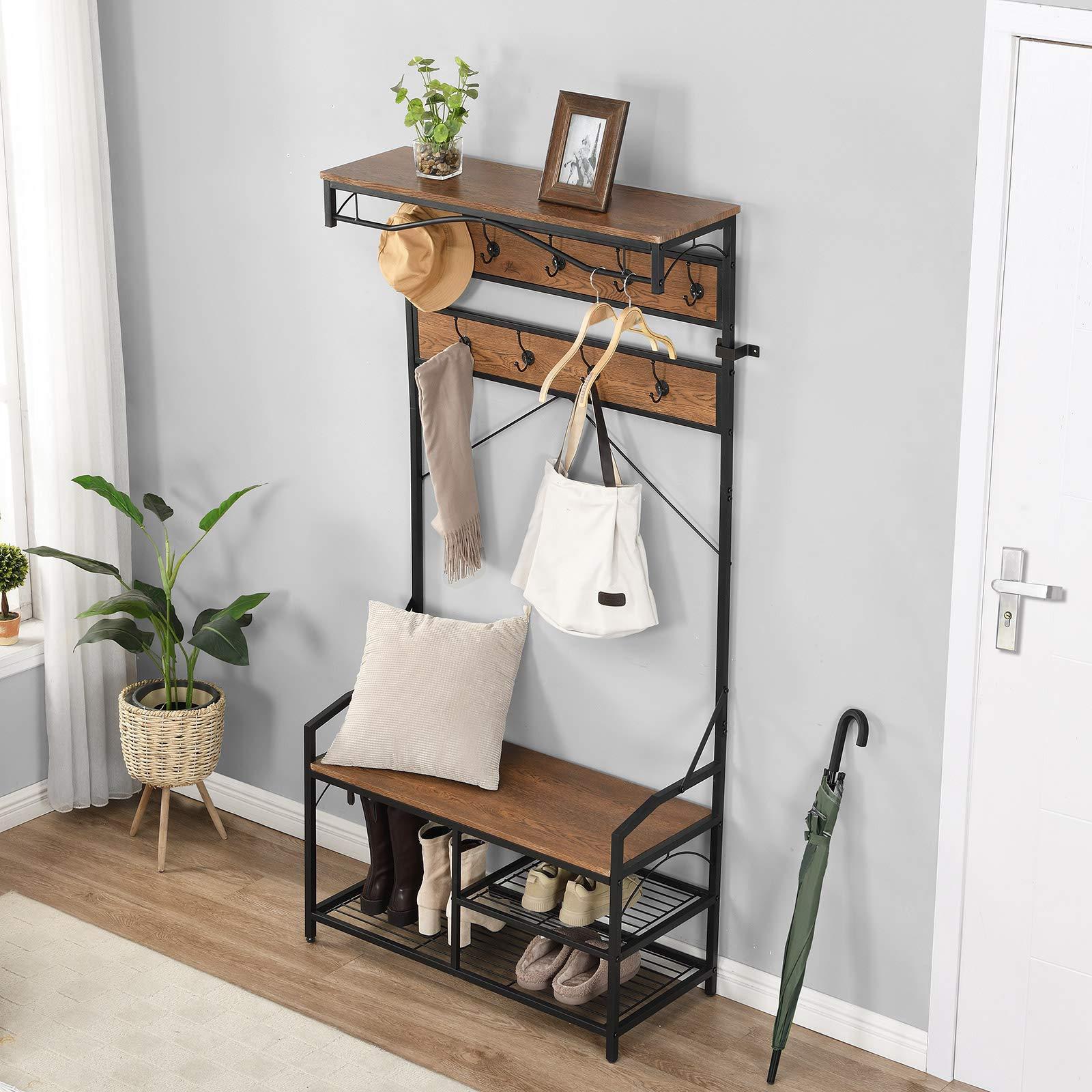 Modern Design Entryway Coat Rack Hanger Shoe Bench Storage Shelf Hall Tree for Entrance Foyer