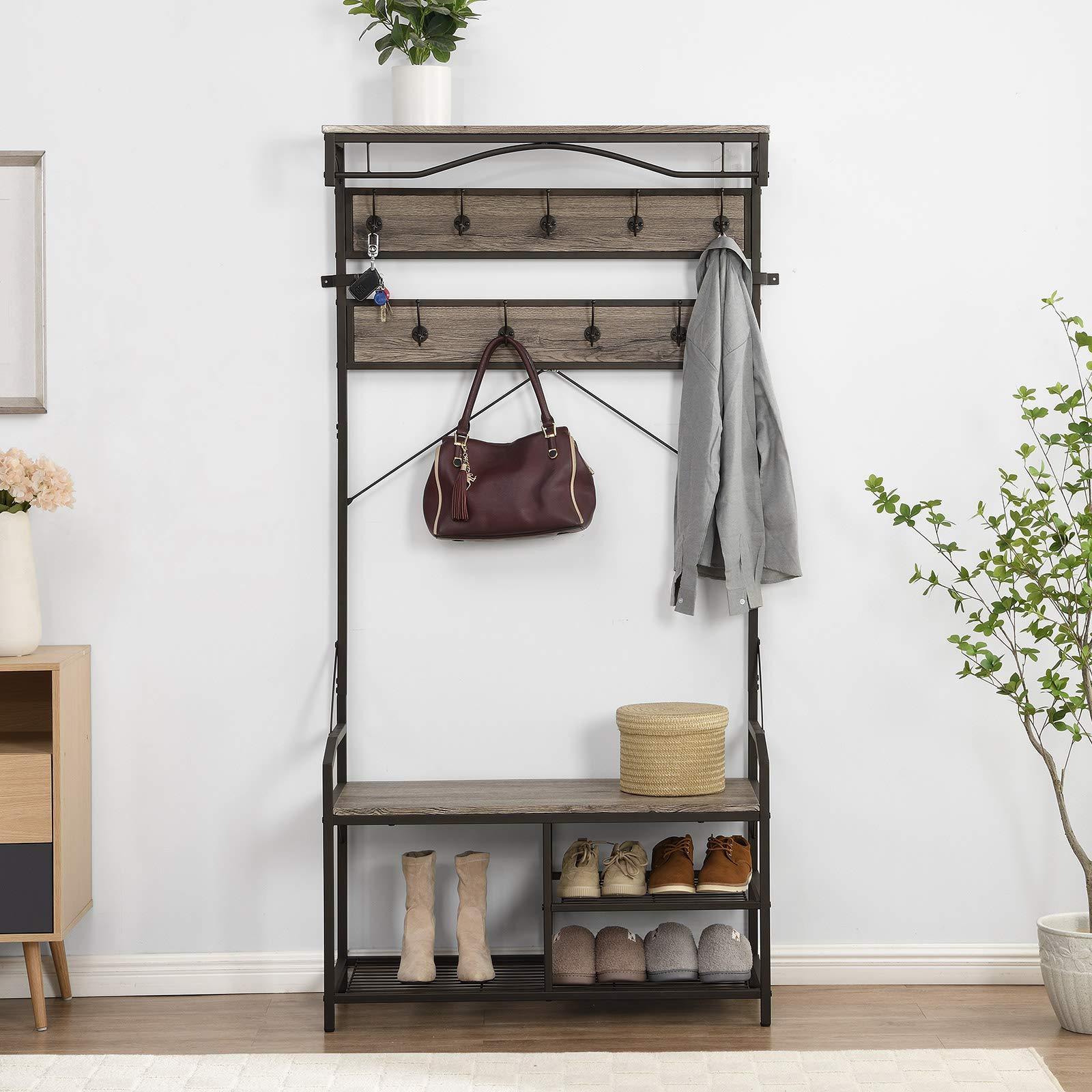 Modern Design Entryway Coat Rack Hanger Shoe Bench Storage Shelf Hall Tree for Entrance Foyer