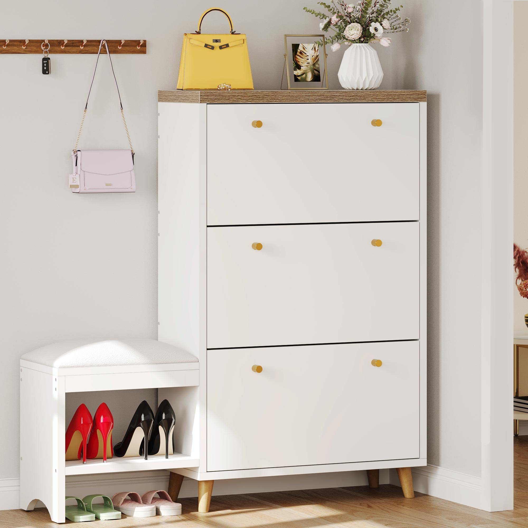 shoe cabinet with 3 flip drawer modern shoe storage cabinet with shoe bench for entryway