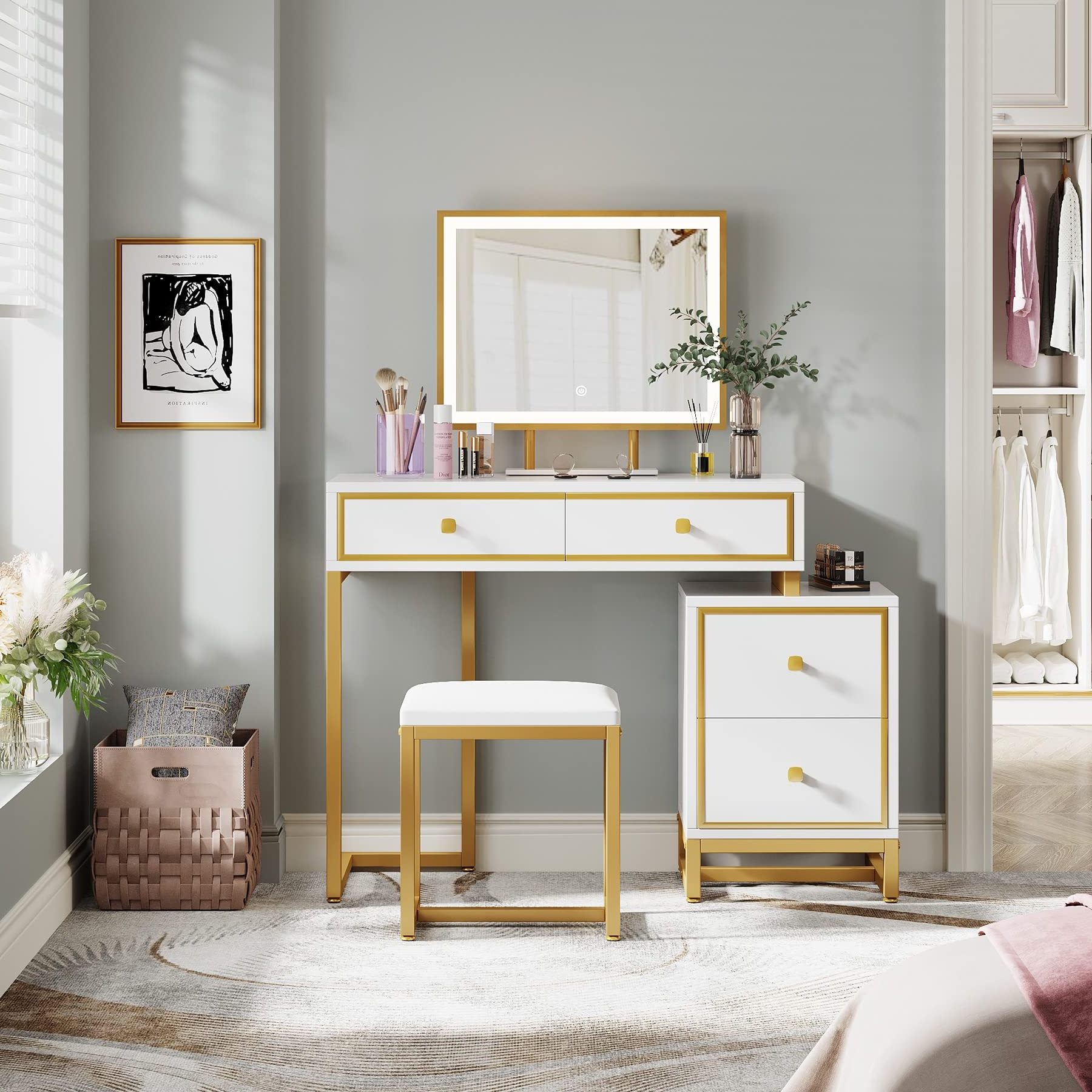 luxury dressing table mirror modern wood panel vanity table with led light makeup vanities mirror storage bedroom furniture