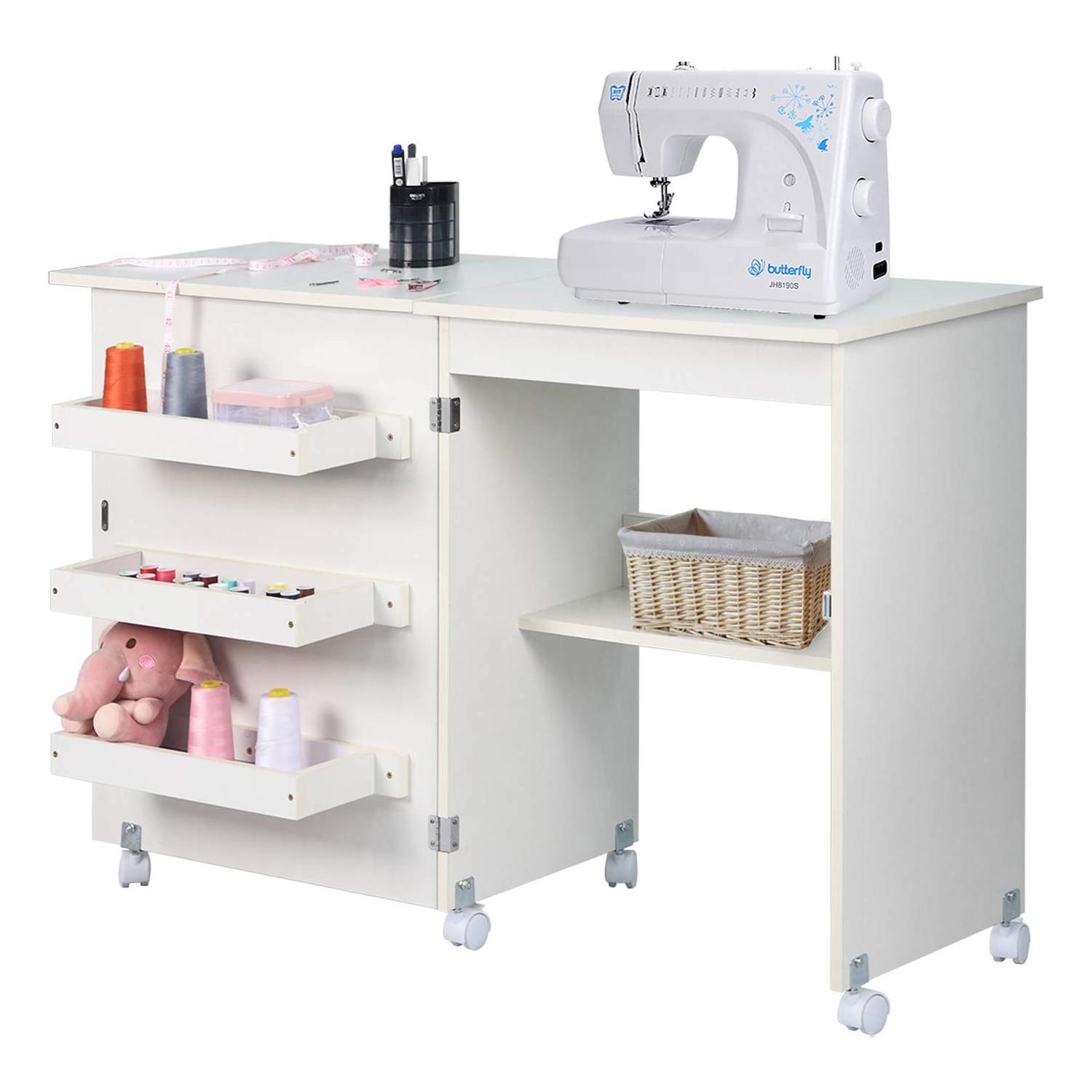 Folding Sewing Table with Storage Foldable Multifunctional Wood Sewing Cabinet Sewing Craft Table