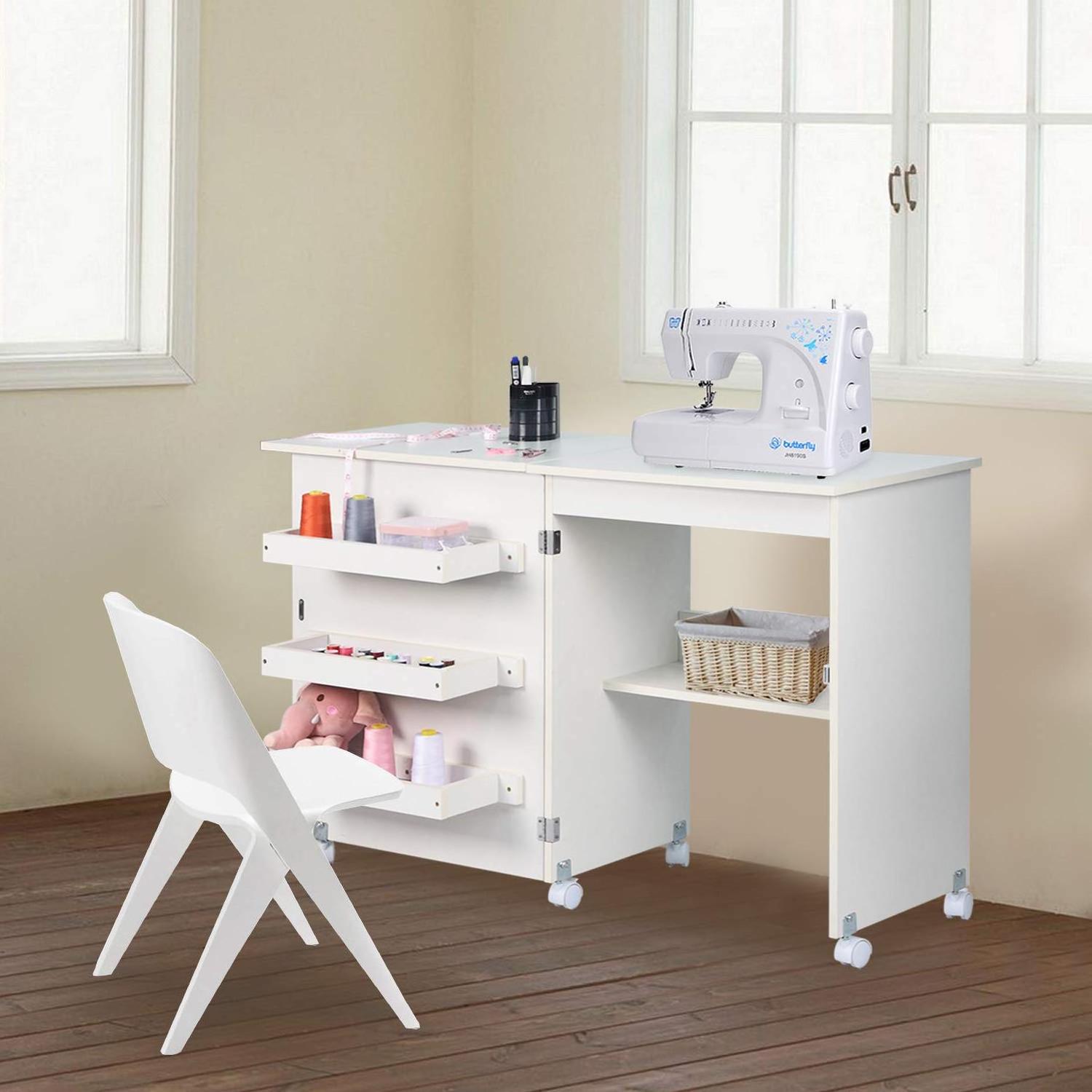 Folding Sewing Table with Storage Foldable Multifunctional Wood Sewing Cabinet Sewing Craft Table