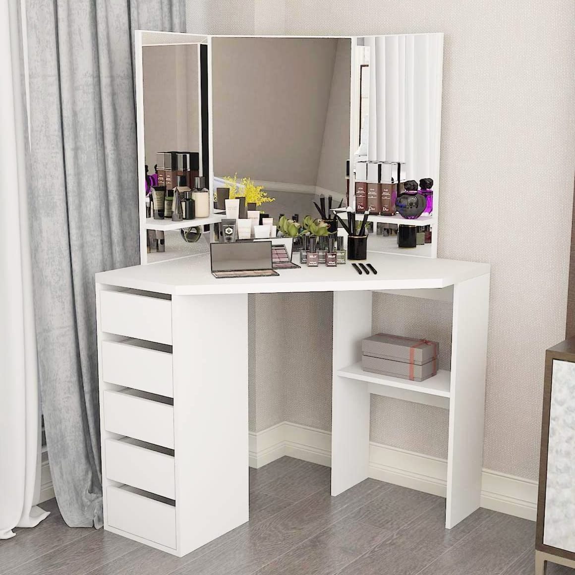 luxury dressing table mirror modern wood panel vanity table with led light makeup vanities mirror storage bedroom furniture