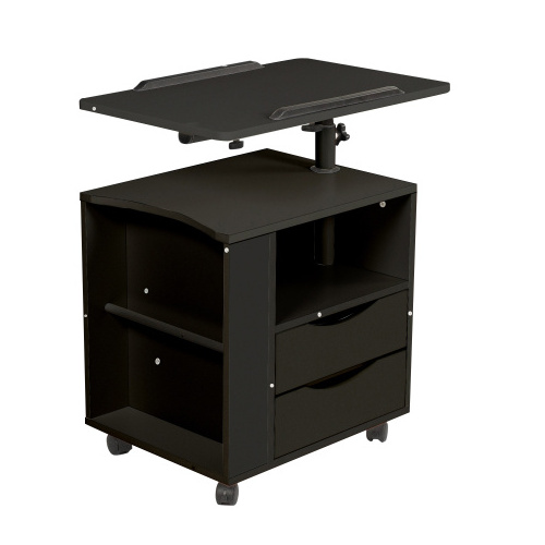 Height Adjustable Overbed End Table Wooden Nightstand with Swivel Top, Drawers, Wheels and Open Shelf bedroom furniture