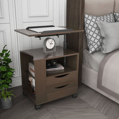 Height Adjustable Overbed End Table Wooden Nightstand with Swivel Top, Drawers, Wheels and Open Shelf bedroom furniture