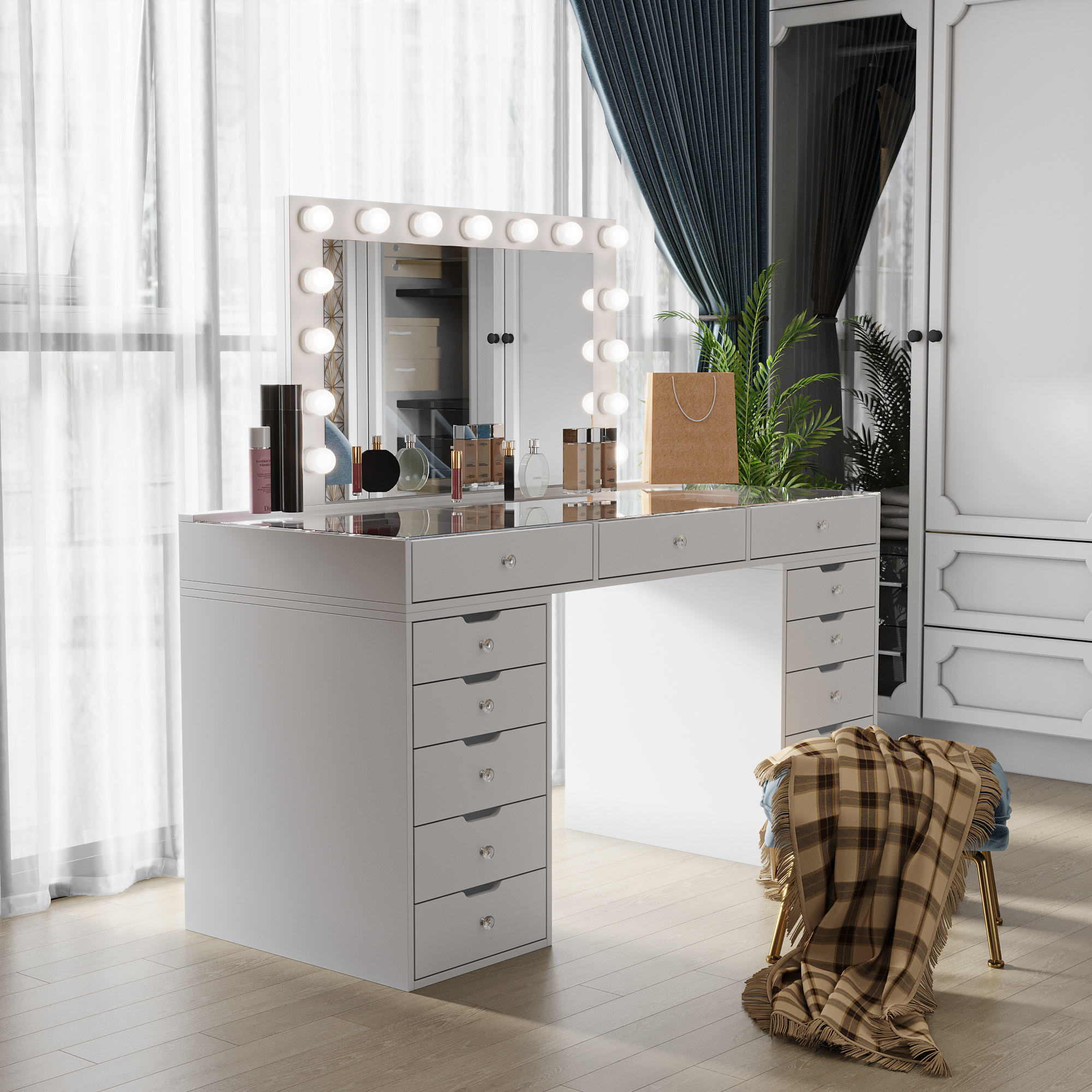 luxury dressing table mirror modern wood panel vanity table with led light makeup vanities mirror storage bedroom furniture