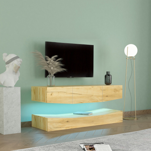 high quality modern classic oak tv console unit stand floating corner cabinet with led light wood display living room furniture