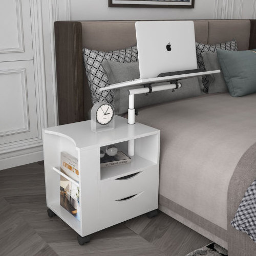 Height Adjustable Overbed End Table Wooden Nightstand with Swivel Top, Drawers, Wheels and Open Shelf bedroom furniture