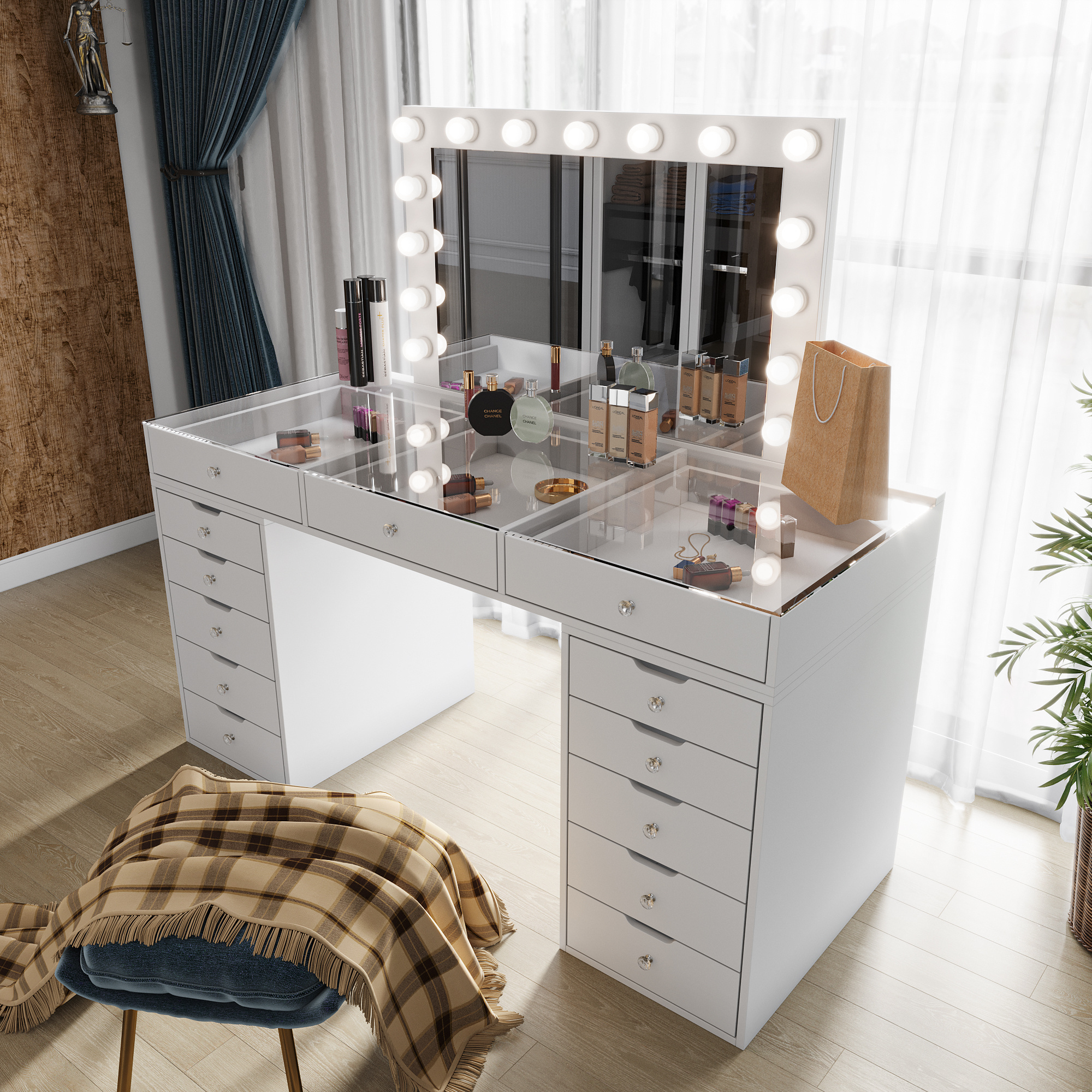 luxury dressing table mirror modern wood panel vanity table with led light makeup vanities mirror storage bedroom furniture