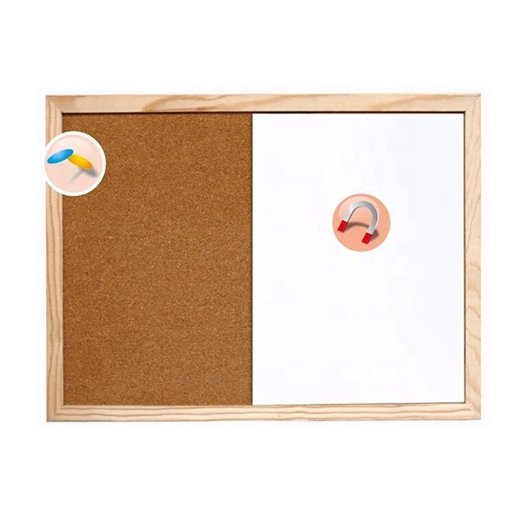 Wall mounted combination cork board and white board wooden frame half magnetic whiteboard half cork board combo