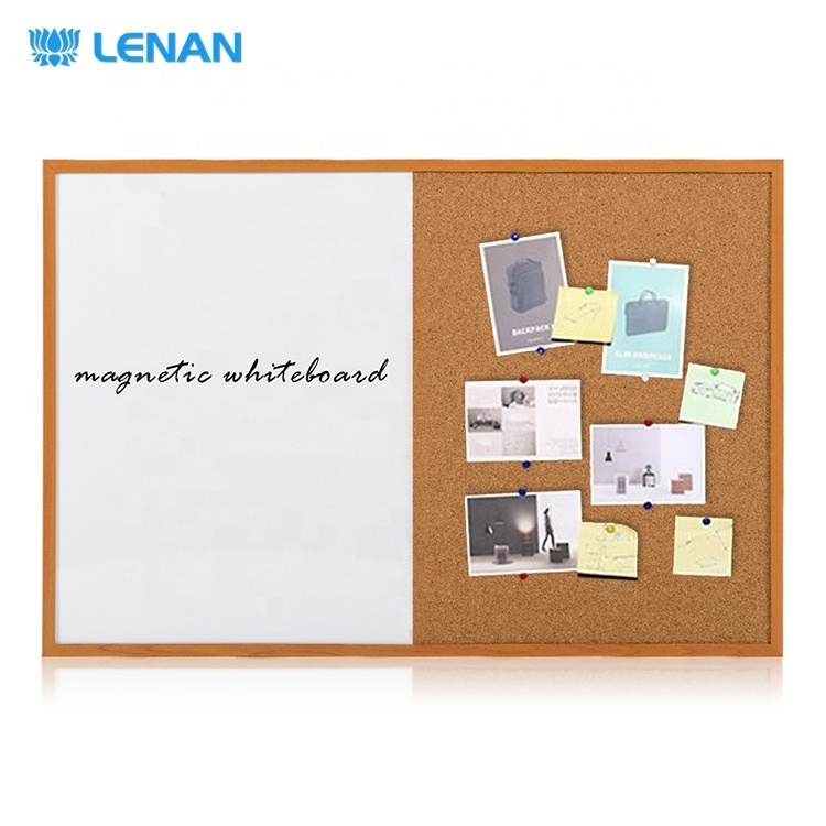 Wall mounted combination cork board and white board wooden frame half magnetic whiteboard half cork board combo