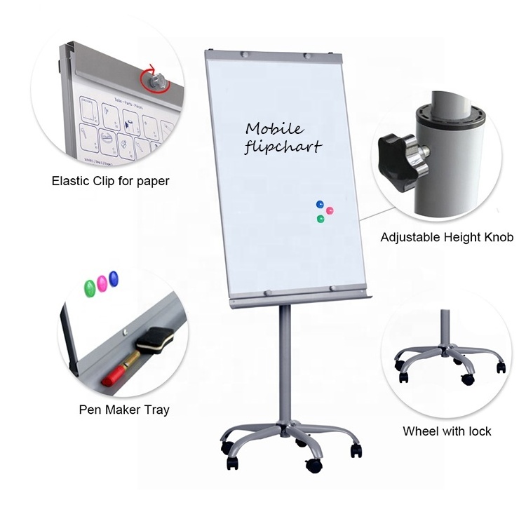 Office and school supplies mobile dry erase magnetic white board flipchart easel height adjustable flip chart stand with wheels