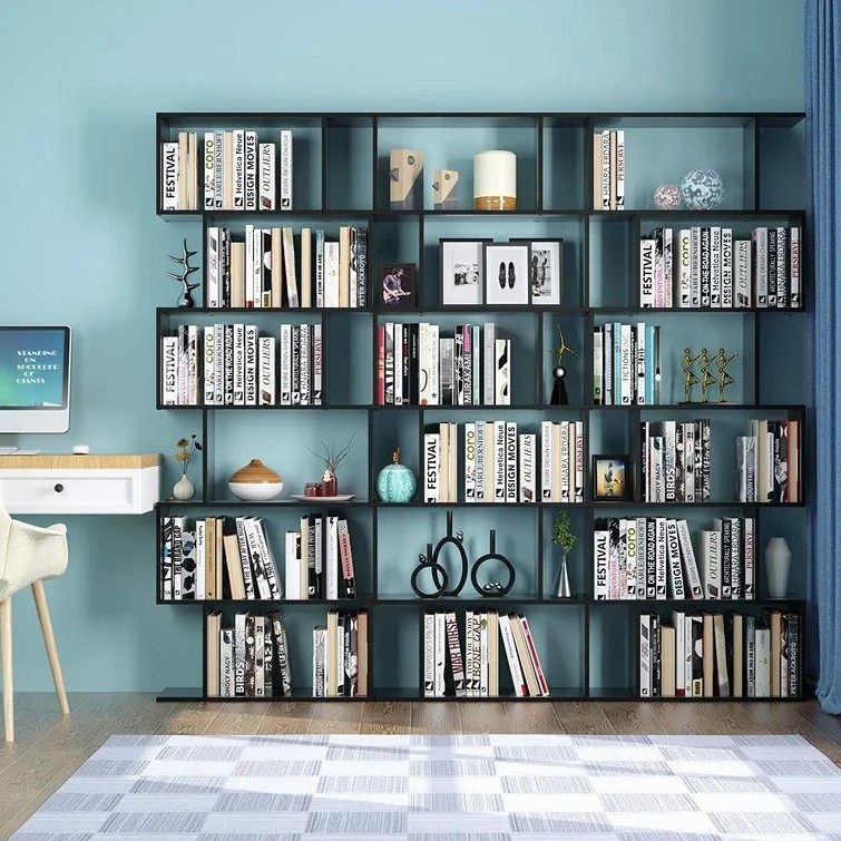 Living Room Black Cube Shaped Book Shelf Two Face Modular Wall Bookshelf Shelving System Plywood Office Modern Wooden Bookcase