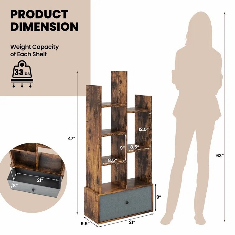 2024 Folding Tabletop Tree Industrial Bookshelf Walnut Small Wooden Layer Book Rack Bookcase Shelf 3 Tier Open Shelf Bookcase