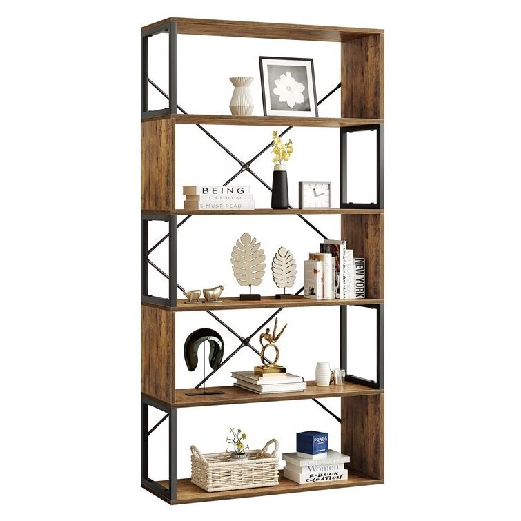 Rustic Brown Module Bookcase Open Book Shelf Rack Storage Layer Floor Corner Cube Industrial Metal Frame 6 Tier Ladder Bookshelf