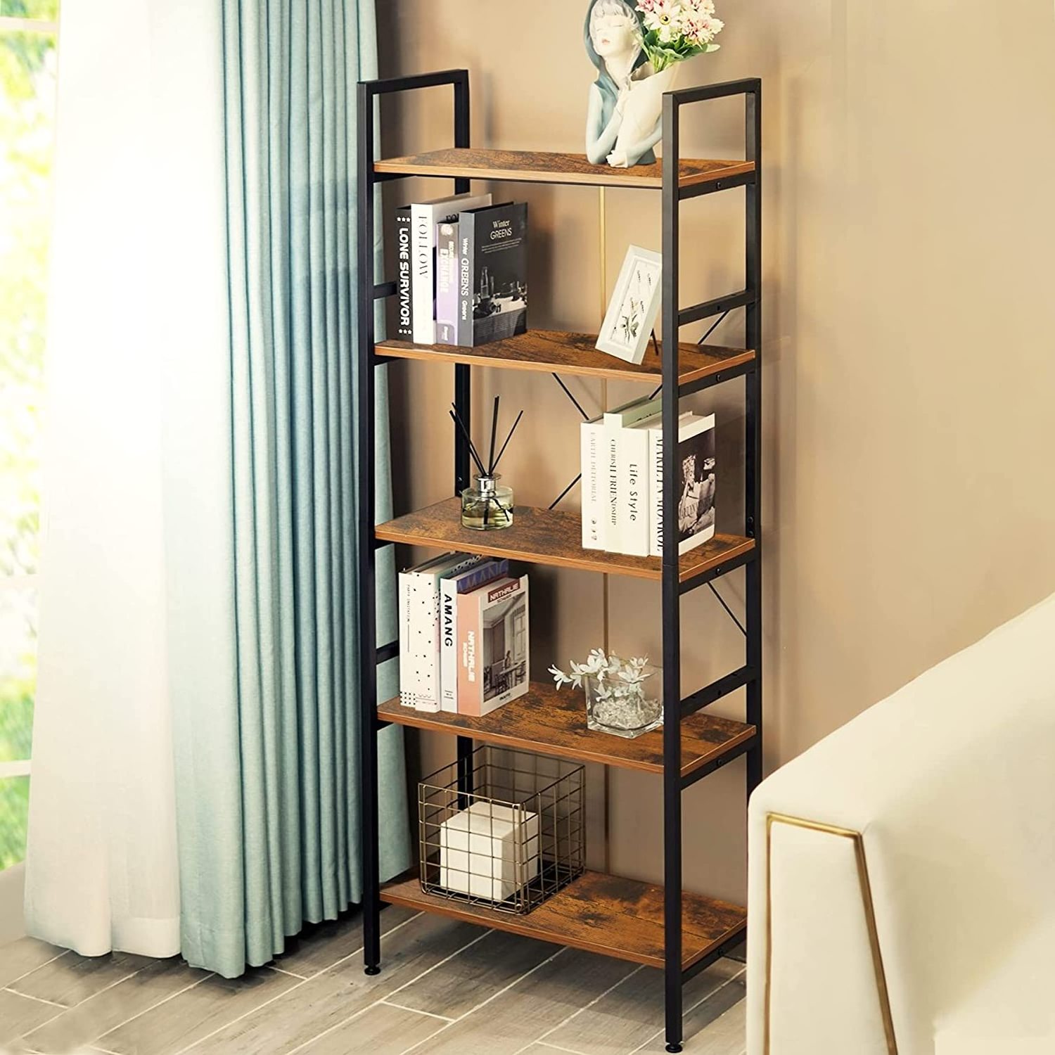 Reading Room Bookshelf Small Bookcase Rotating 5-Tier Slim Multipurpose Wooden Rack Book Shelf Rak