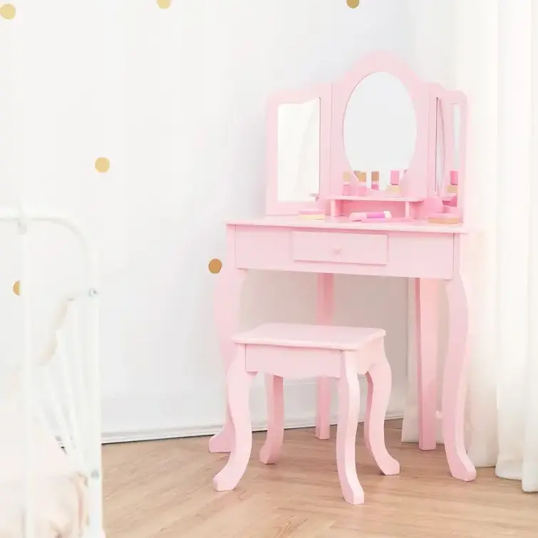 Ready Stock Manufacturer Girl Singapore Mirrored Vanity Console Simple Mirror Set Rattan Princess Small Dressing Table For Kids