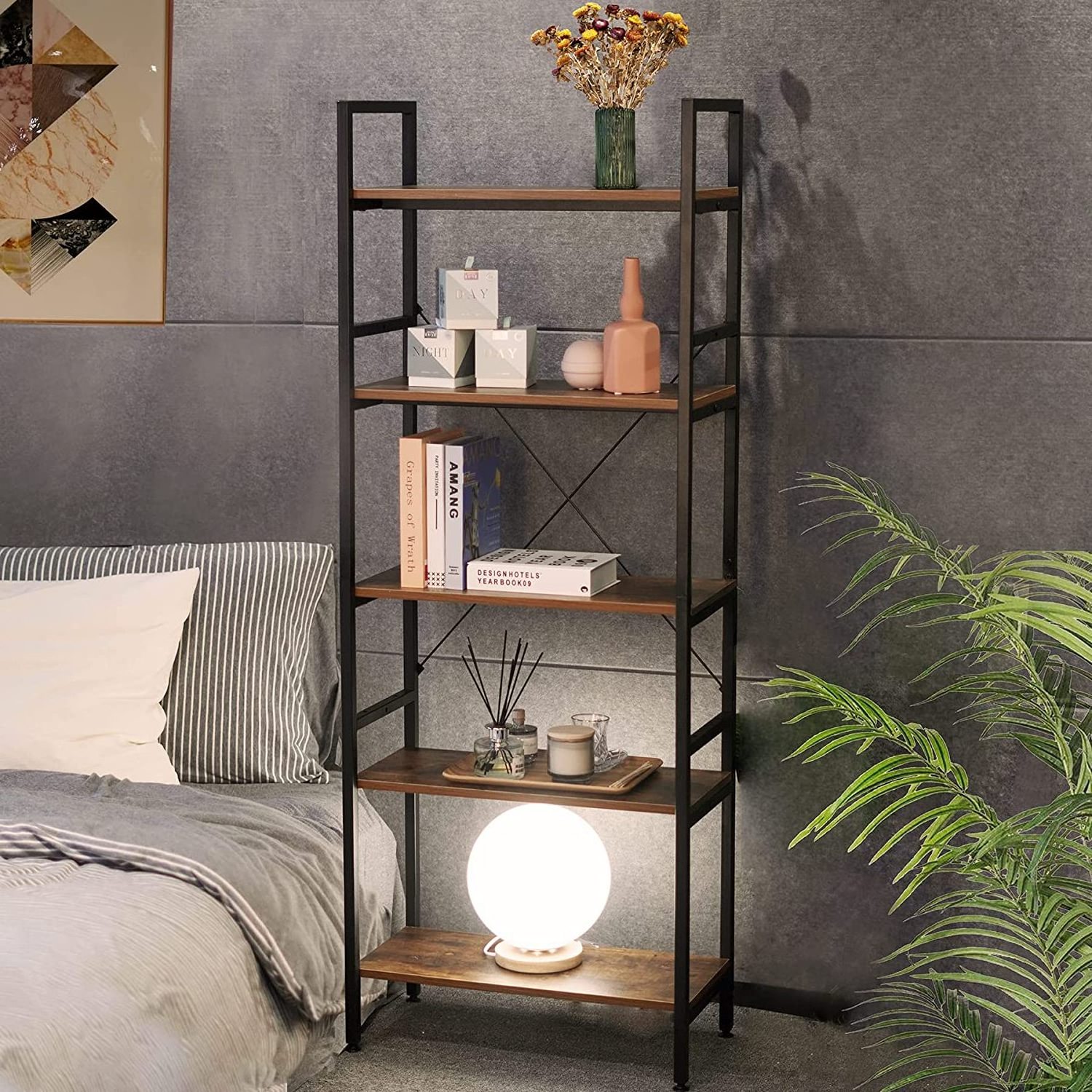 Reading Room Bookshelf Small Bookcase Rotating 5-Tier Slim Multipurpose Wooden Rack Book Shelf Rak