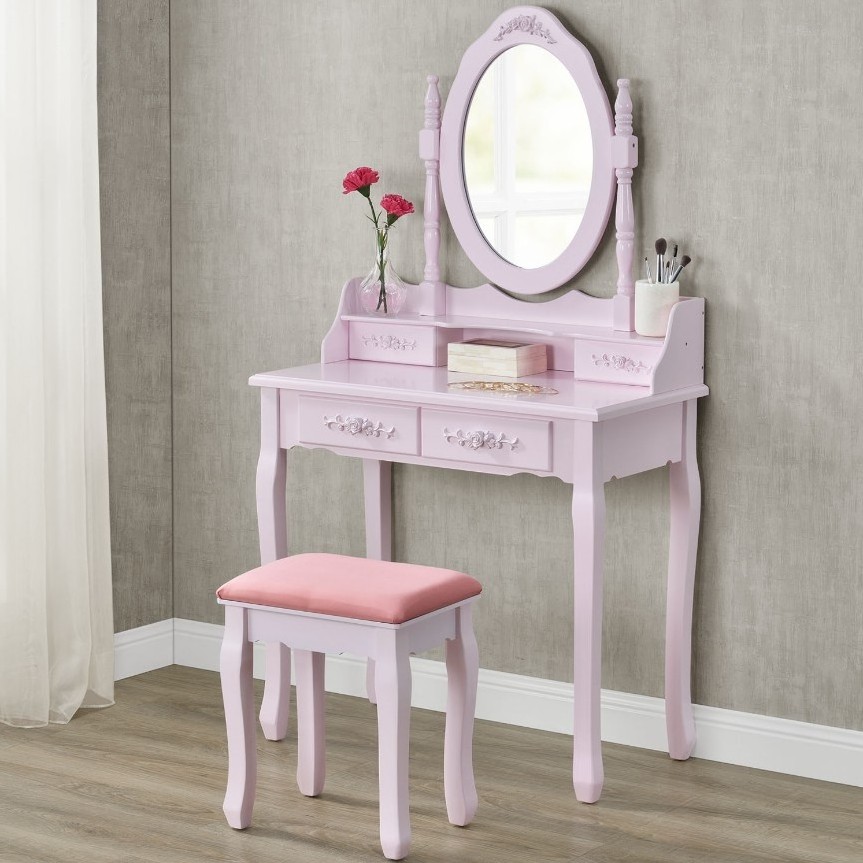 Pink Wooden Mirror Germany Home Dressing Girl Bedroom European Dresser Table