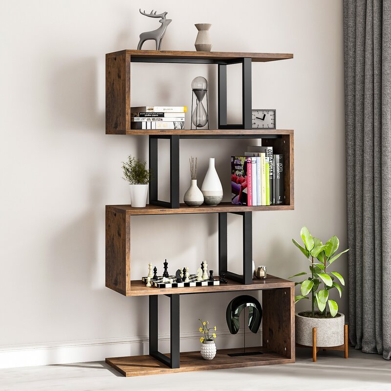 Luxury S Shaped Modular Industrial Display Book Cabinet Model Minimalist Metal Wood Mdf Bookcase Modern Living Room Bookshelf