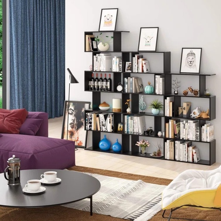 Living Room Black Cube Shaped Book Shelf Two Face Modular Wall Bookshelf Shelving System Plywood Office Modern Wooden Bookcase