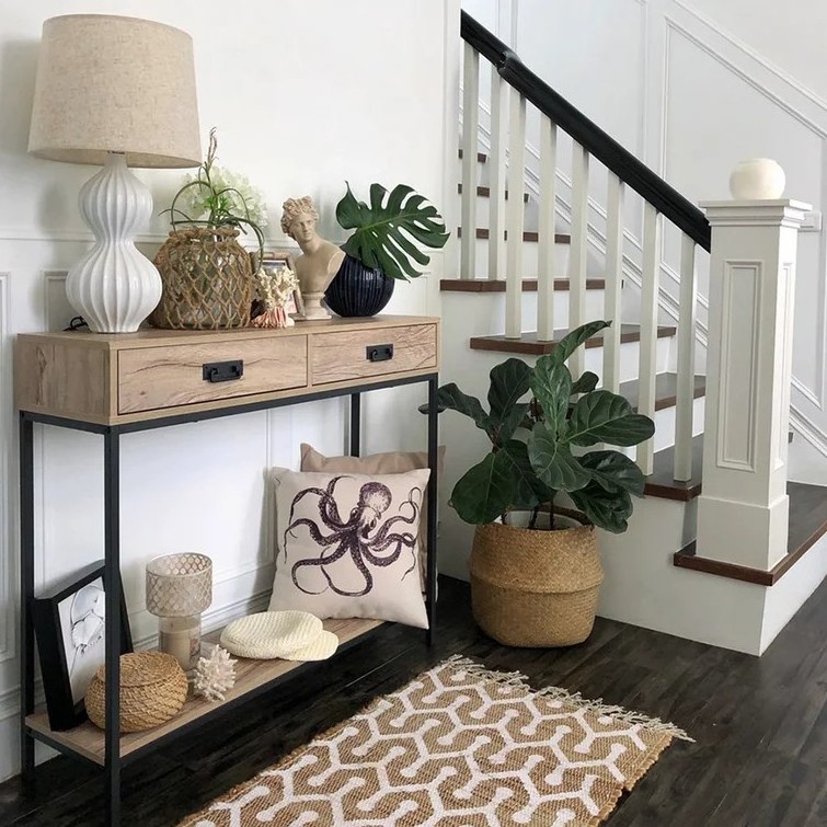 Modern Entryway Mid Century Bookshelf Console Cabinet Storage Way Side Furniture Entry Table With Shoe Rack Wood And 2 Drawers