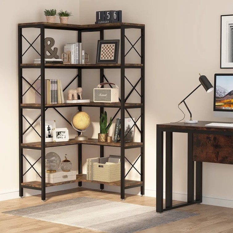 Retro Simple Single Sided L Shape Bookshelf Nordic Office Slim Kid Book Shelf Metal Solid Wood Open Display Industrial Bookcase