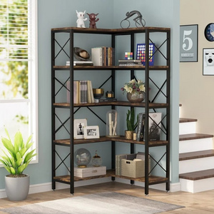 Retro Simple Single Sided L Shape Bookshelf Nordic Office Slim Kid Book Shelf Metal Solid Wood Open Display Industrial Bookcase