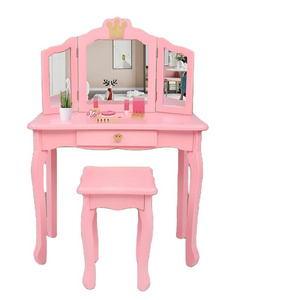 Nordic Wooden Chair Set 3 Mirror Standing Cupboard Type Makeup Desk Room Pink Rattan Princess Dressing Dresser Kids Vanity Table