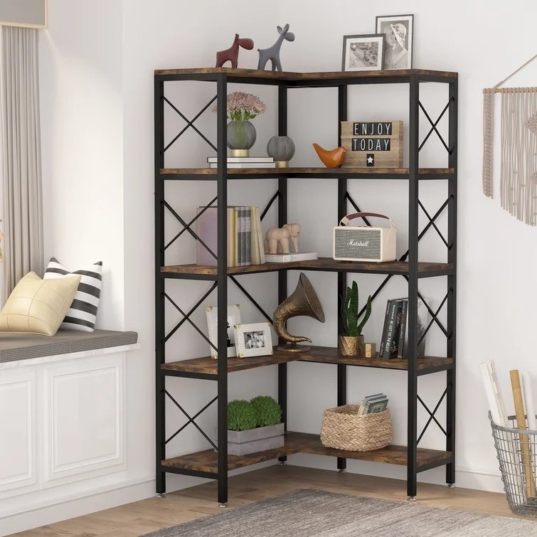 Retro Simple Single Sided L Shape Bookshelf Nordic Office Slim Kid Book Shelf Metal Solid Wood Open Display Industrial Bookcase