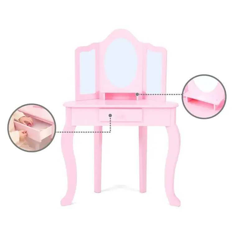 Ready Stock Manufacturer Girl Singapore Mirrored Vanity Console Simple Mirror Set Rattan Princess Small Dressing Table For Kids