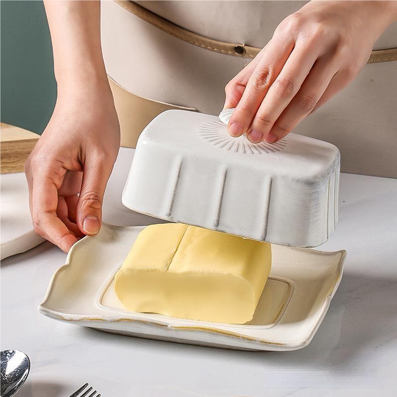 factory rate china european style high quality ceramic rectangular cheese and butter box with lid