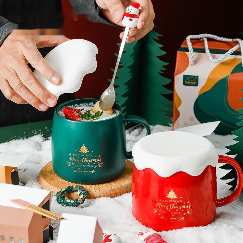 snowman christmas ceramic coffee mugs wholesale with snowman spoon, lid and hand grip