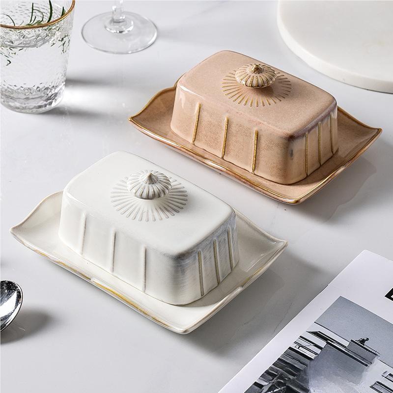 factory rate china european style high quality ceramic rectangular cheese and butter box with lid