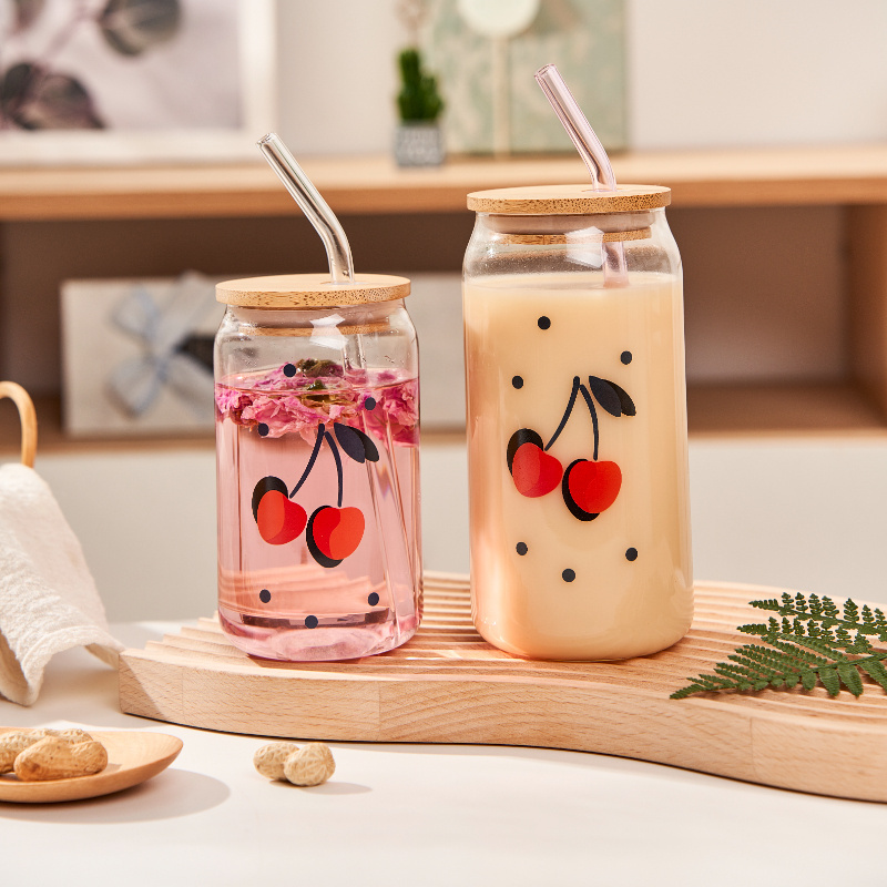 LINUO  glass cups manufacturers JOY series high borosilicate glass coffee cup glass cup with bamboo lid and straw