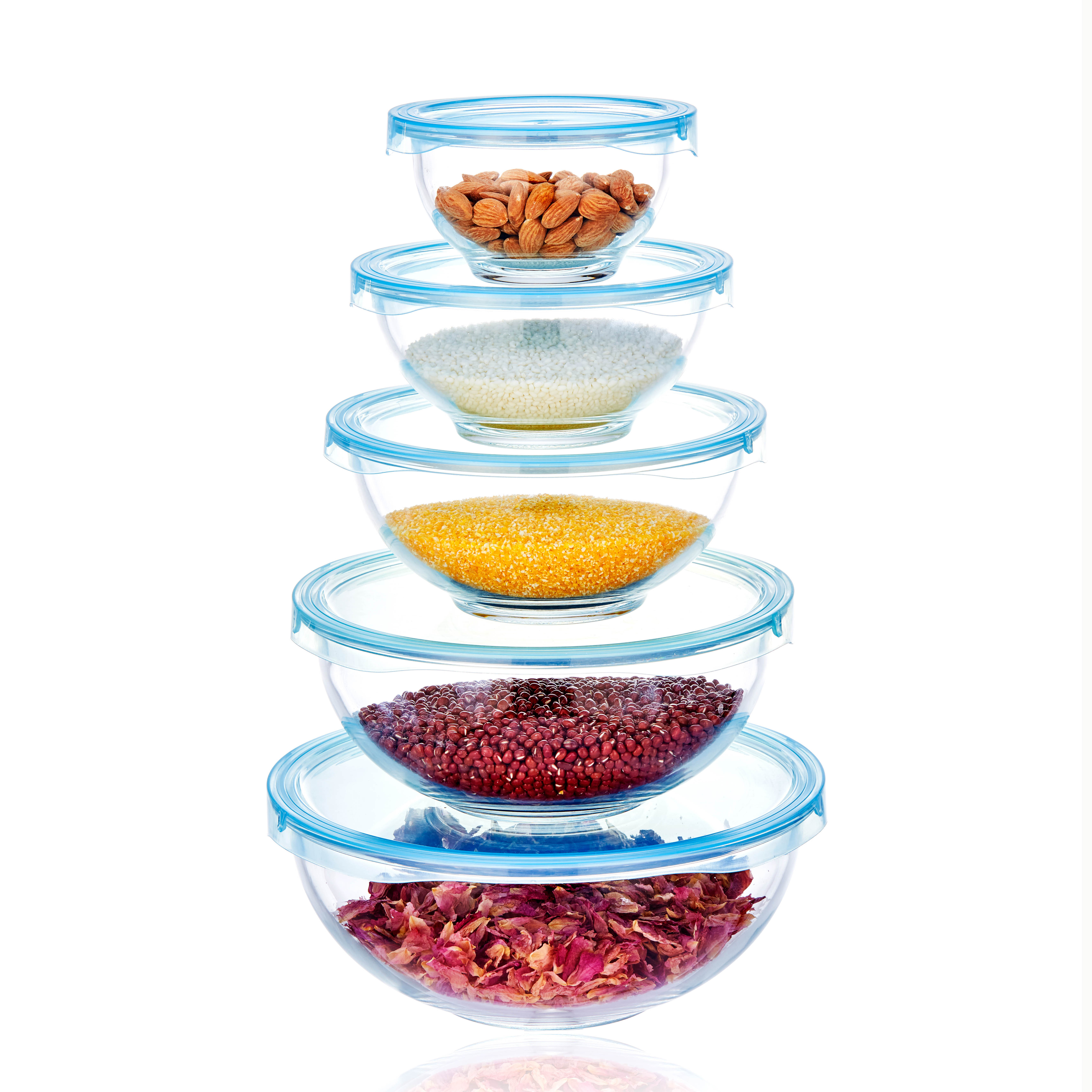 Linuo hot sale whole sale oven safe  glass food storage glass mixing bowls set  salad bowl set with lid