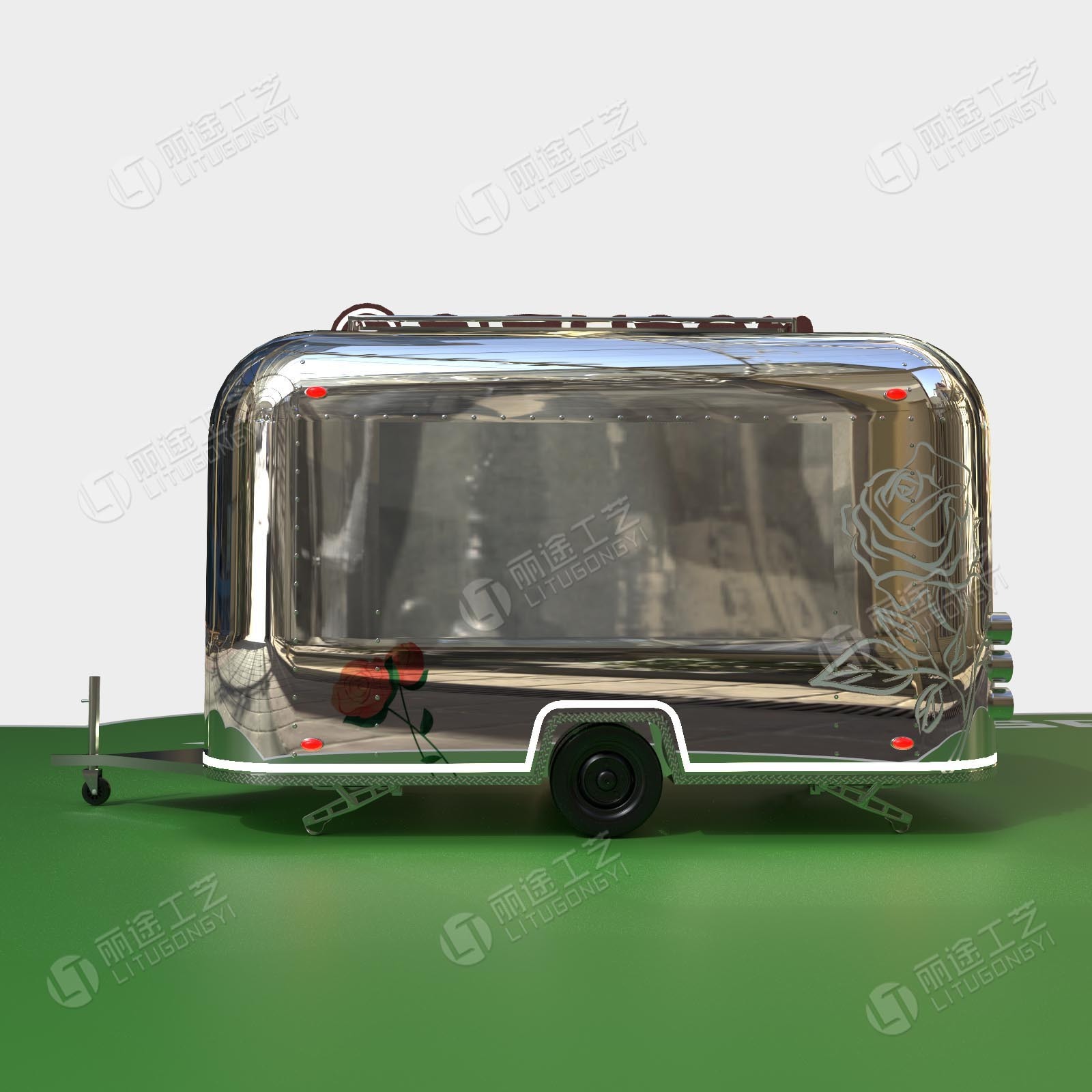 3D rendering of stainless steel dining car food truck mobile beer drink Food cart designs mobile fast food truck